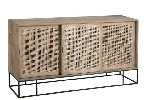 Kast 3 Schuifdeuren Geweven Riet Mangohout Naturel 3 Kast 3 Schuifdeuren Geweven Riet Mangohout Naturel