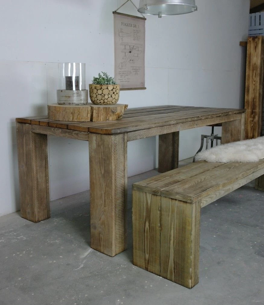 Steigerhouten Eettafel Blokpoot 4 Steigerhouten Eettafel Blokpoot - Afbeelding 2