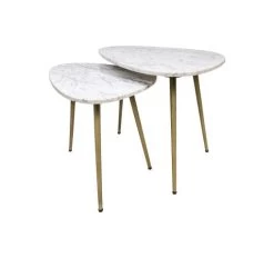 Salontafel Marseille - 61x44x45/51x36x40 - Wit/goud- Marmer/metaal - Set Van 2