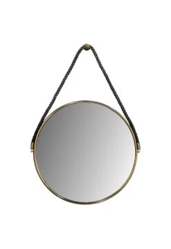 Ronde Wandspiegel Met Touw - ø63x3,5 Cm - Antique Gold/zwart - Metaal/touw