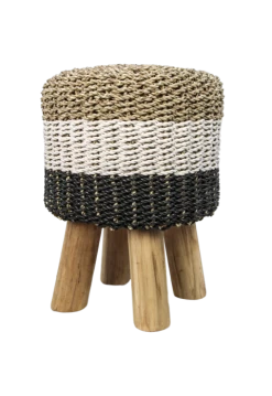 Kruk Malibu - Raffia/zeefgras - Naturel/wit/zwart - ø33 Cm -Meubelserie Winkel de kisten koning 108285 2 1