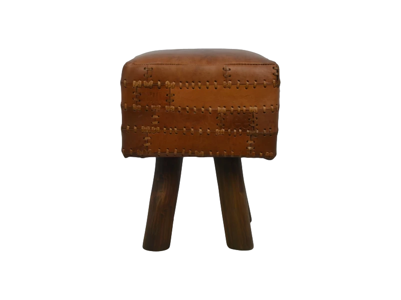 Kruk Patchwork - Leder - Vintage Cognac - 33x33 Cm 3 Kruk Patchwork - Leder - Vintage Cognac - 33x33 Cm