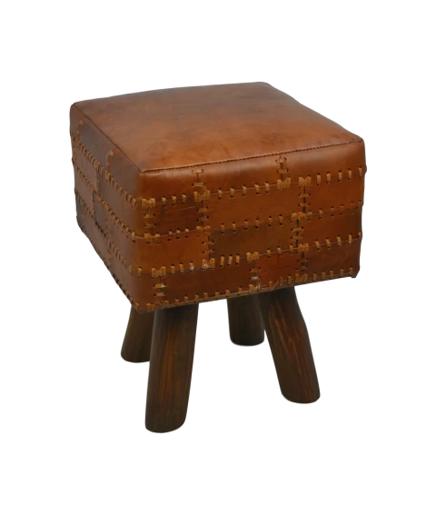 Kruk Patchwork - Leder - Vintage Cognac - 33x33 Cm 4 Kruk Patchwork - Leder - Vintage Cognac - 33x33 Cm - Afbeelding 2