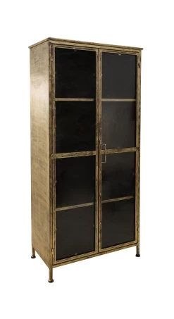 Vitrinekast Fletcher - Antique Gold - Metaal/glas - 80x40x180 Cm -Meubelserie Winkel de kisten koning vitrinekast fletcher 80x40x180 antique gold metaal glas 2