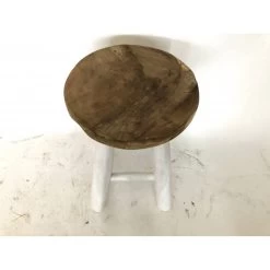 Bijzettafel - Mangohout Wit- D28H45 Cm -Meubelserie Winkel stool white legs35262